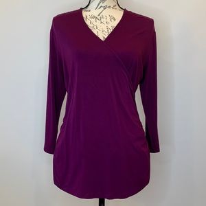 Boden faux wrap ruched stretch jersey knit top three quarter sleeves 14